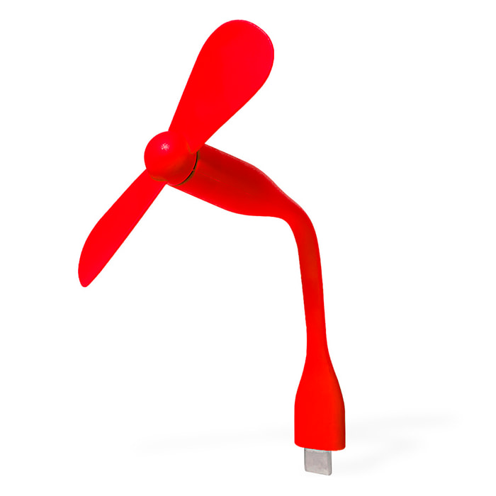 Ventilador flexible compatible con USB-C, con cuello orientable para dirigir el flujo de aire. Compacto, ligero y sin necesidad de baterías, ideal para smartphones, portátiles y baterías externas.