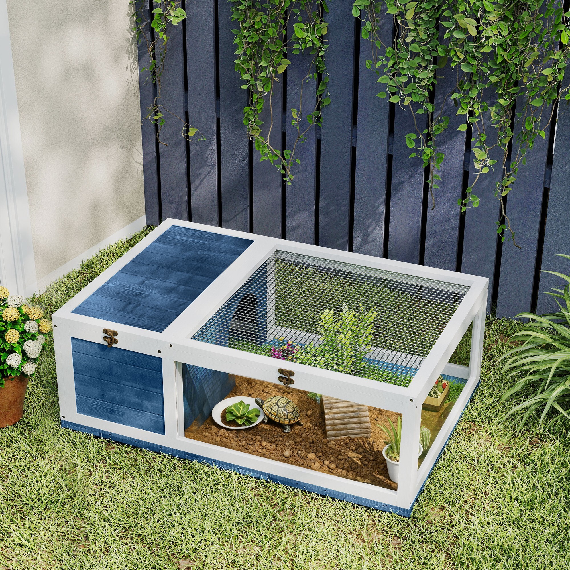 Enclos pour tortue - parc pour tortue - niche, enclos extérieur, toits ouvrants verrouillables - plexiglas métal sapin bleu