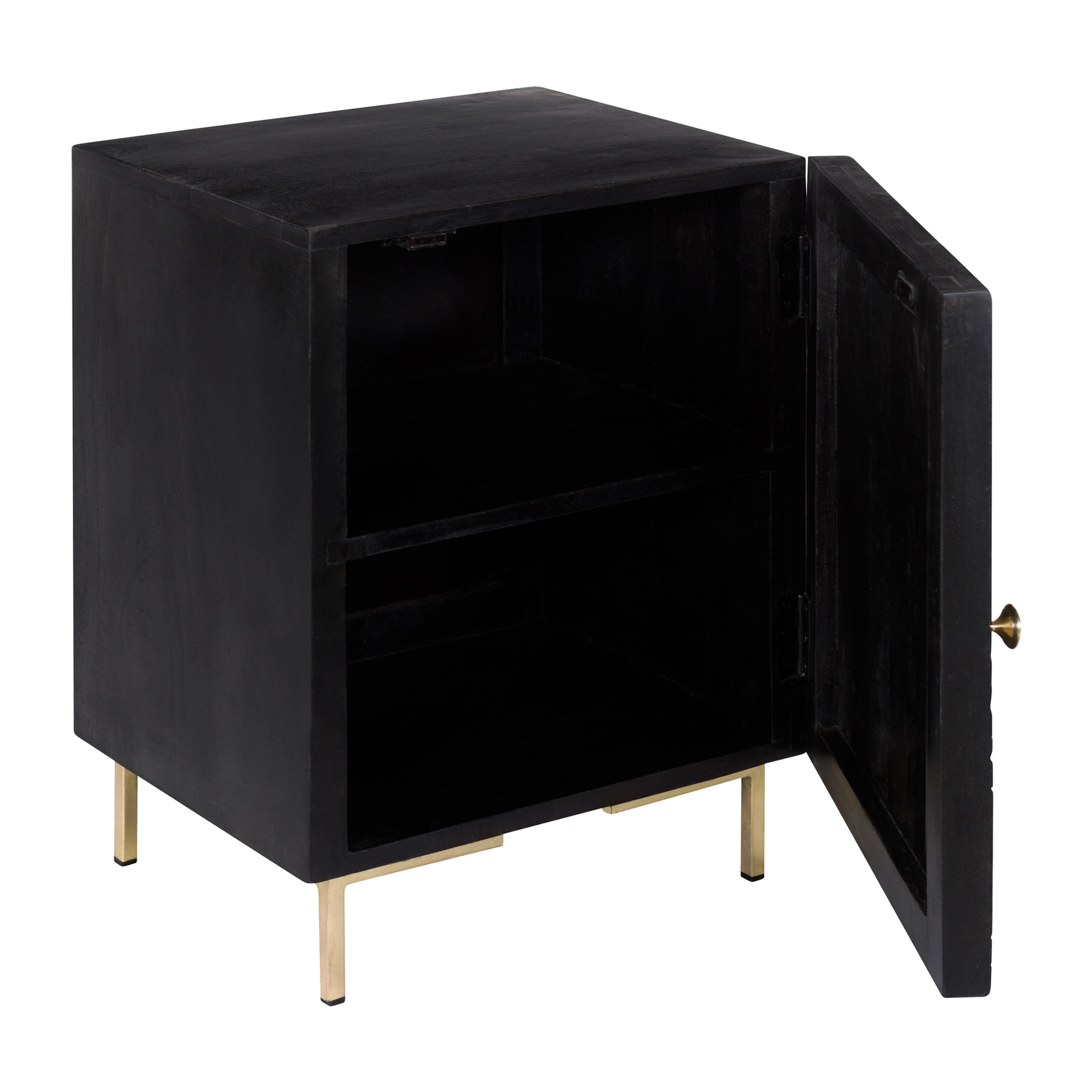 Chevet 1 porte en bois gravé noir et métal doré - Chimane