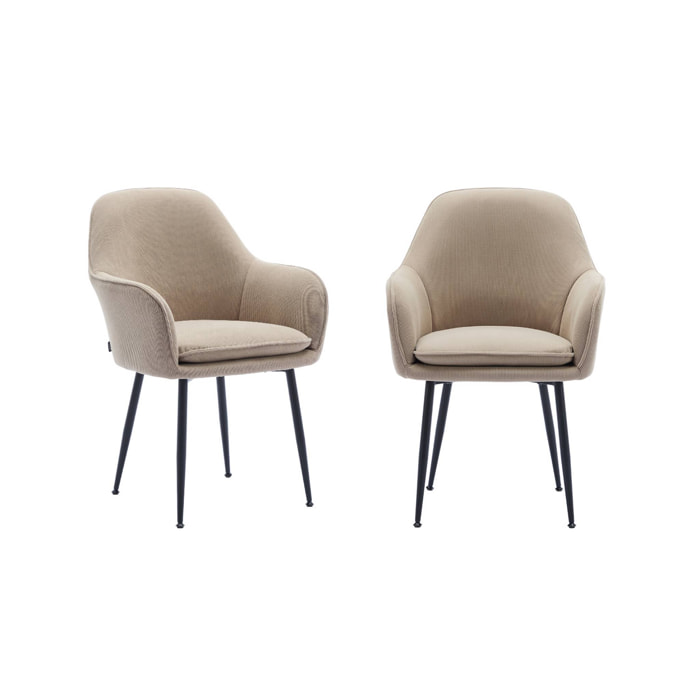 Lot de 2 fauteuils en velours côtelé beige et pieds en métal noir mat. L 57 x P 59 x H 84.5