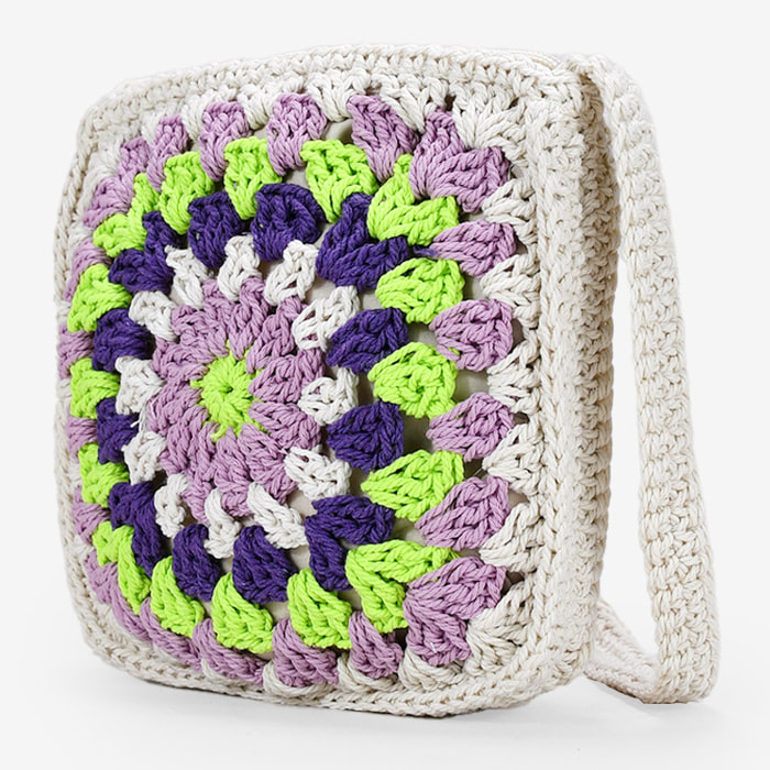 Bolso de crochet cuadrado lila y multicolor