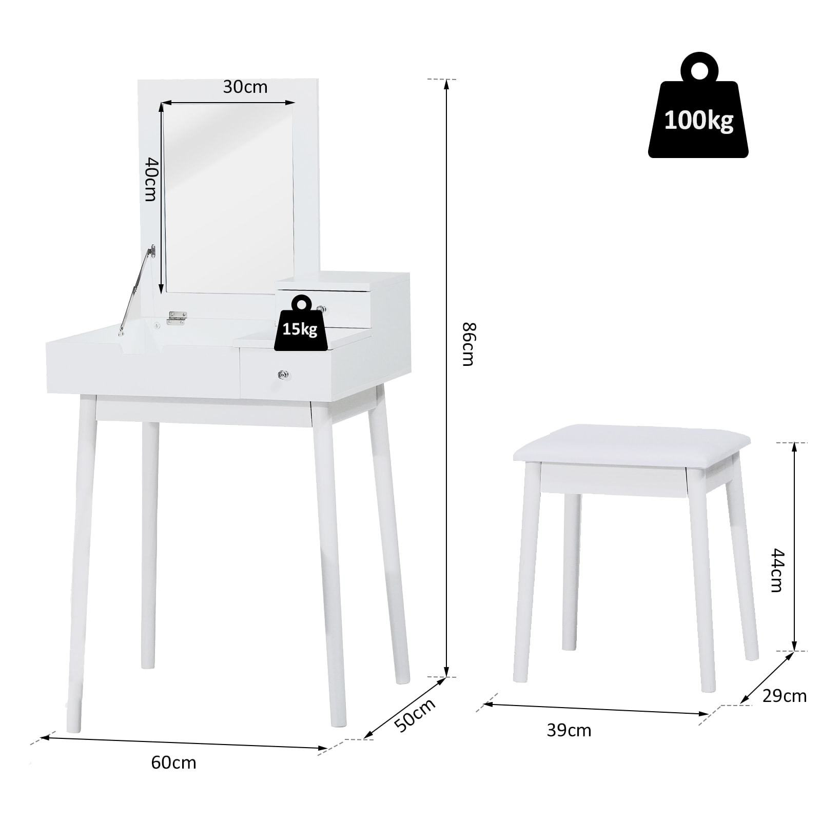 Coiffeuse table de maquillage avec tabouret miroir rabattable coffre + 2 tiroirs MDF bois massif pin blanc