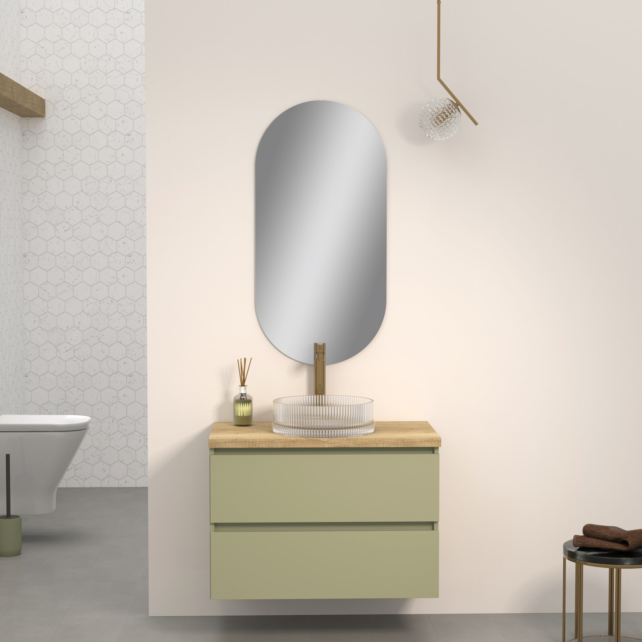 CONJUNTO DE BAÑO KUB | 80 CM VERDE CACTUS | DOS CAJONES | LAVABO DE CRISTAL | NO INCLUYE ESPEJO | MUEBLE MONTADO | ALDAY