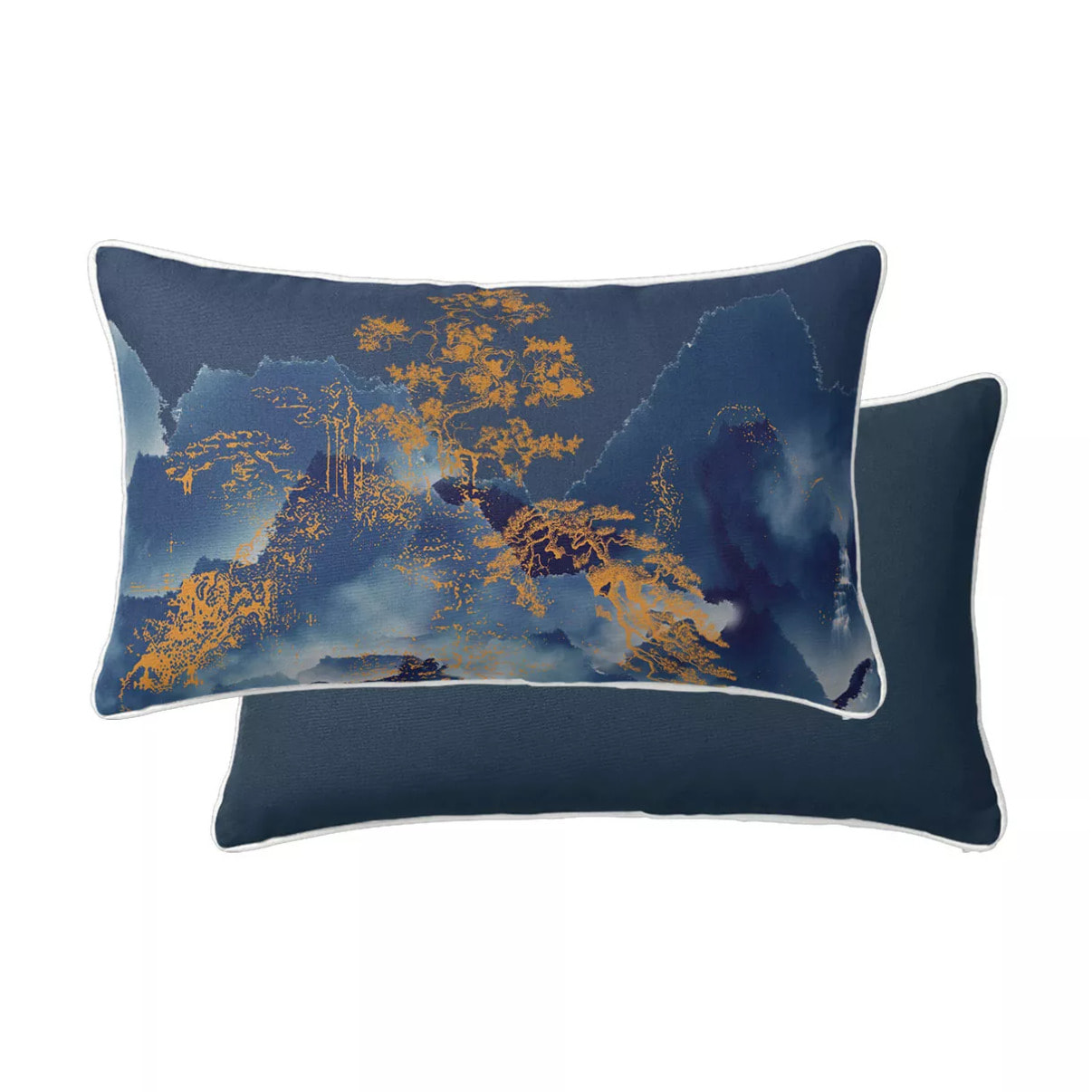 Taie d'oreiller satin de coton imprimé bleu or Fuji nocturne