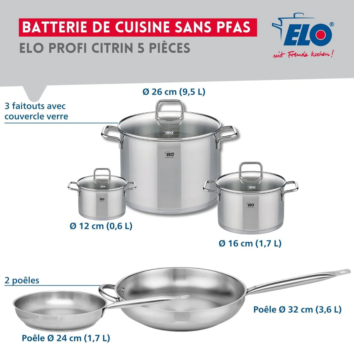 Ensemble de 2 Poêles de cuisson 24 et 32 cm et 3 faitouts 12, 16 et 26 cm Elo Profi Citrin