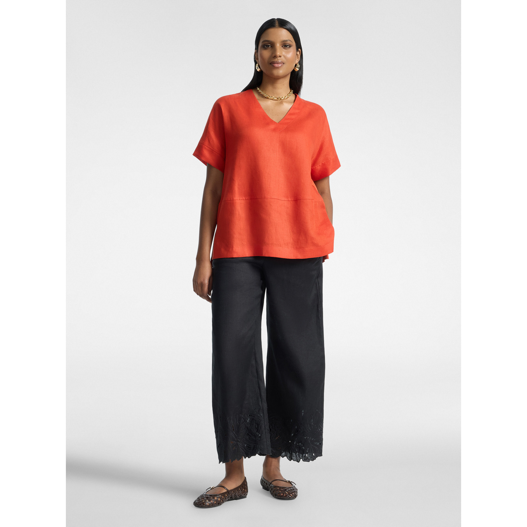 Elena Mirò - Camiseta de lino y algodón con cuello en V - Naranja sol