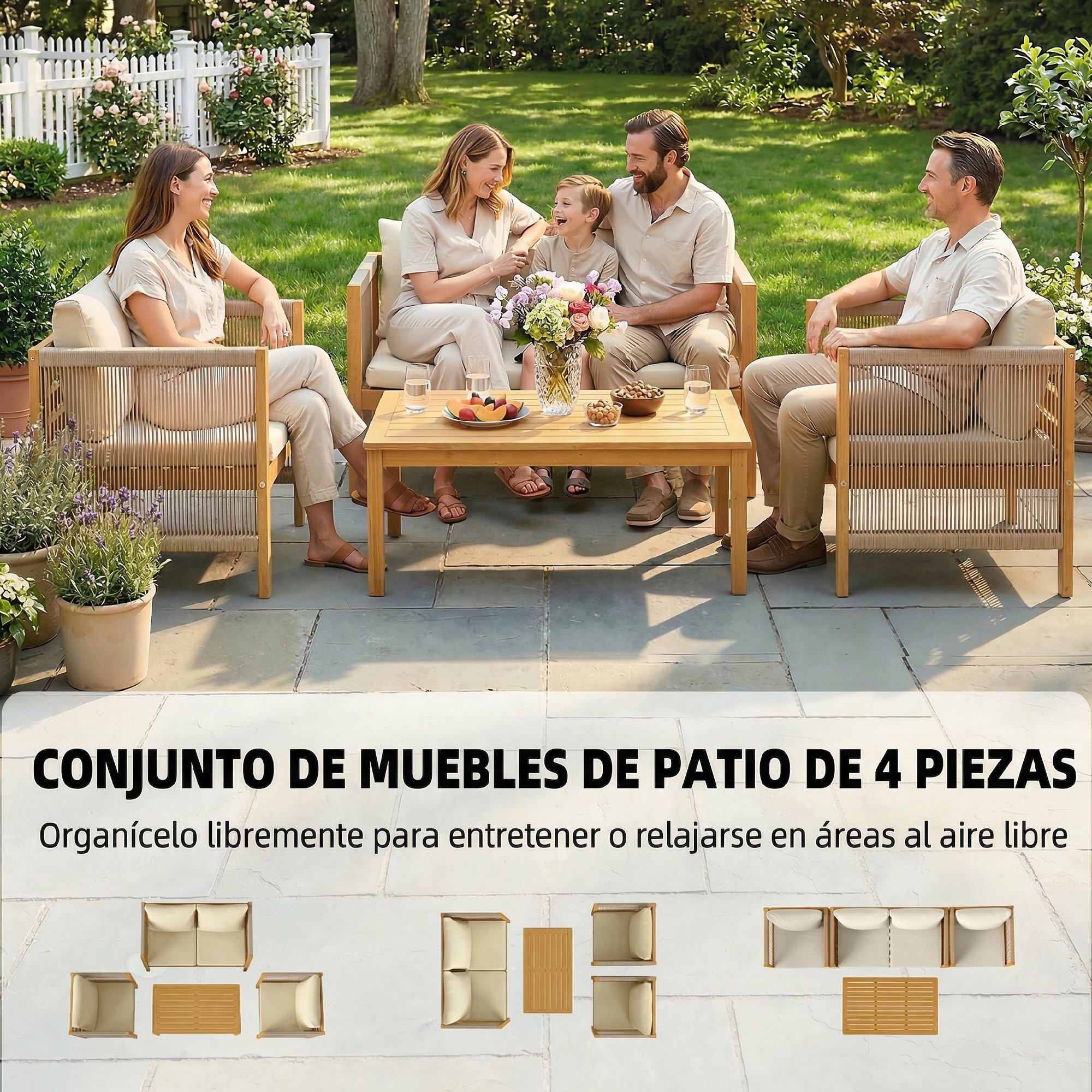 Conjunto de Jardín Exterior de 4 Piezas, Muebles Jardín Exterior con Sofá de 2 Plazas, 2 Sillones, Mesa de Madera de Acacia, Cojines Acolchados y Decoración de Cuerda PP, para Terraza, Beige