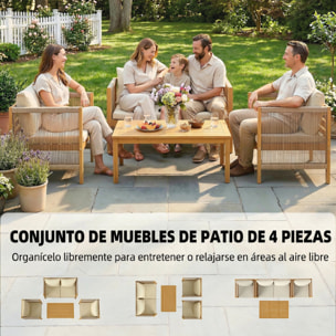 Conjunto de Jardín Exterior de 4 Piezas, Muebles Jardín Exterior con Sofá de 2 Plazas, 2 Sillones, Mesa de Madera de Acacia, Cojines Acolchados y Decoración de Cuerda PP, para Terraza, Beige