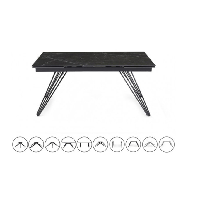 Table extensible en céramique marbré noir L160/240cm - 9 piètements - UNIK