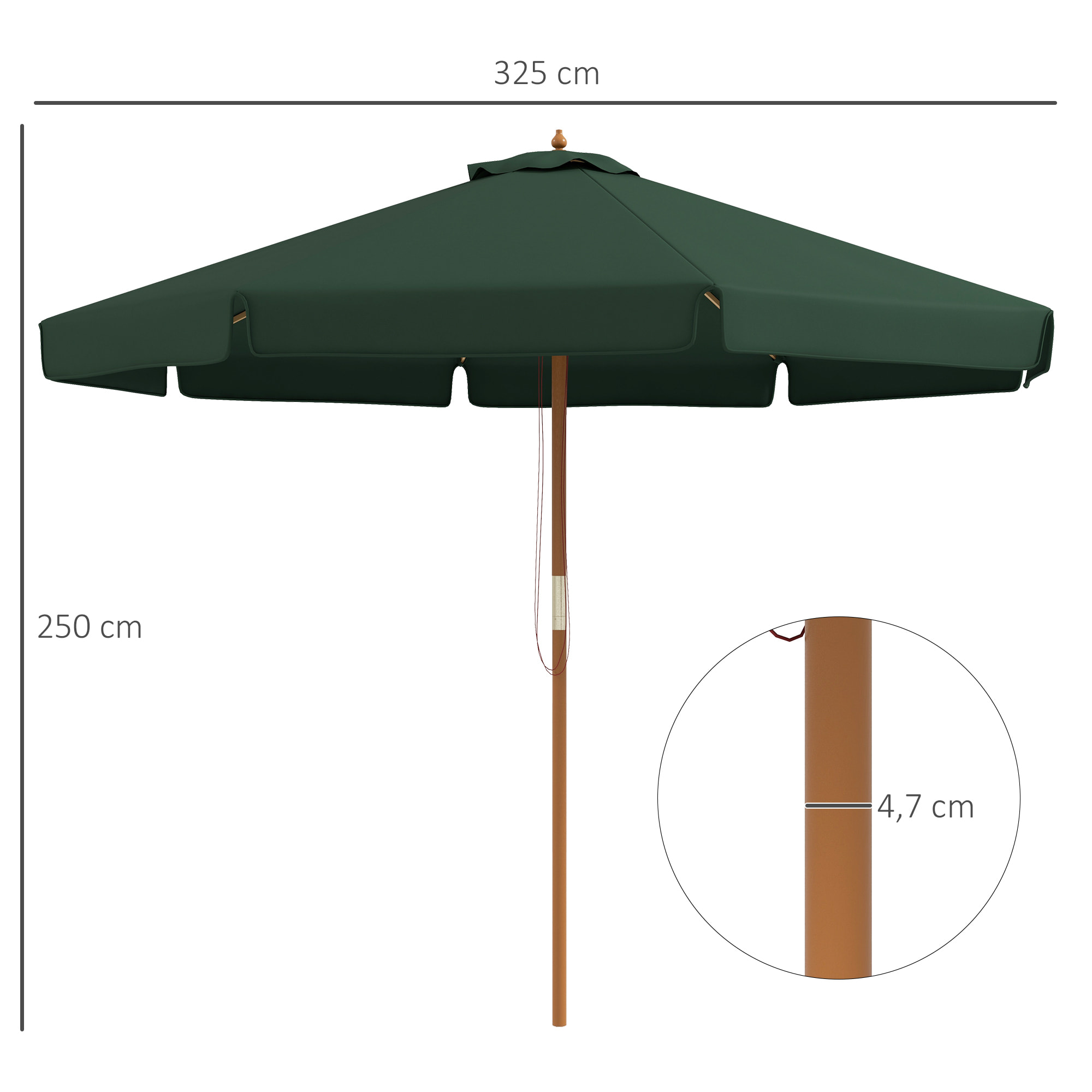 Sombrilla de Jardín Ø325x250 cm Parasol de Madera con Sistema de Polea Techo de Ventilación y 8 Varillas de Bambú para Terraza Balcón Exterior Verde Oscuro