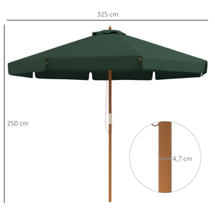 Sombrilla de Jardín Ø325x250 cm Parasol de Madera con Sistema de Polea Techo de Ventilación y 8 Varillas de Bambú para Terraza Balcón Exterior Verde Oscuro