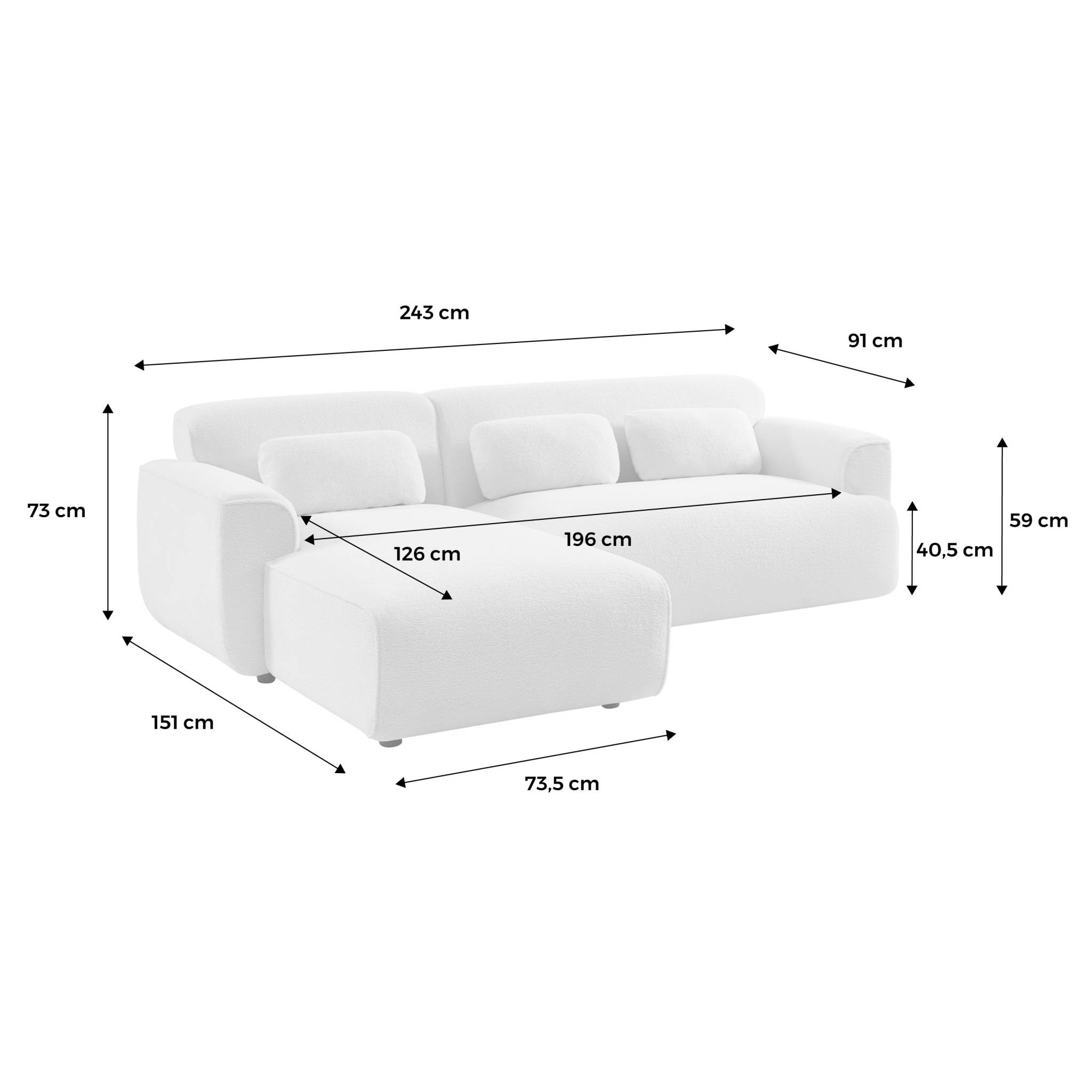 Canapé 3 places. angle gauche. tissu bouclette. Wallas. L 196 x P 151 / 91 / x H 73cm