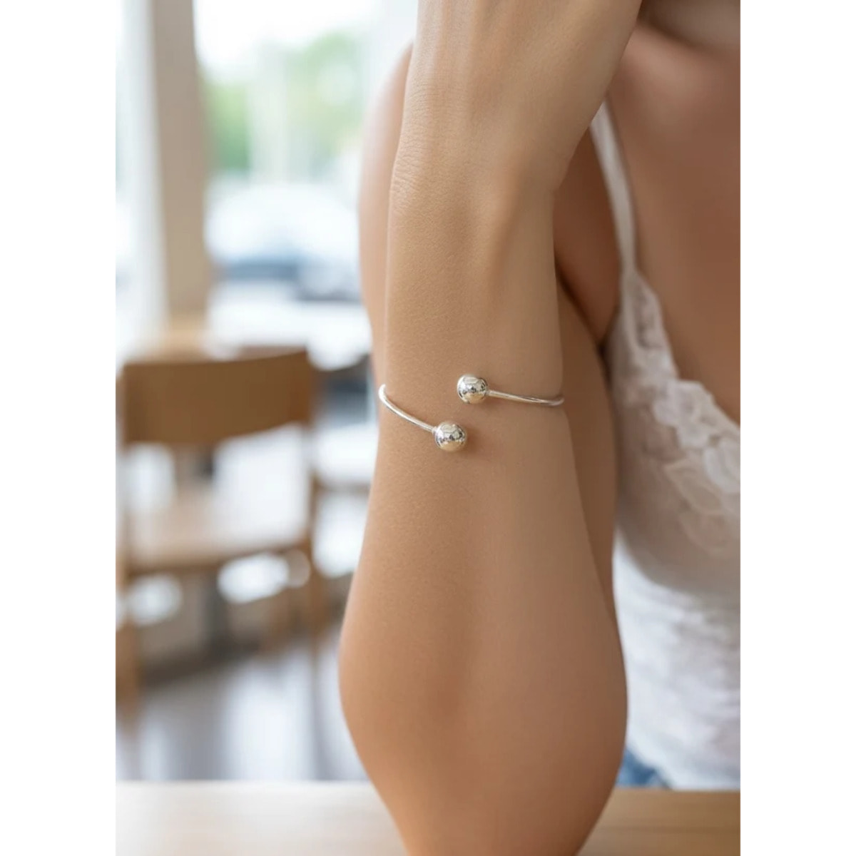 Pulsera aro laton y doble bola en plata chapado 10µ