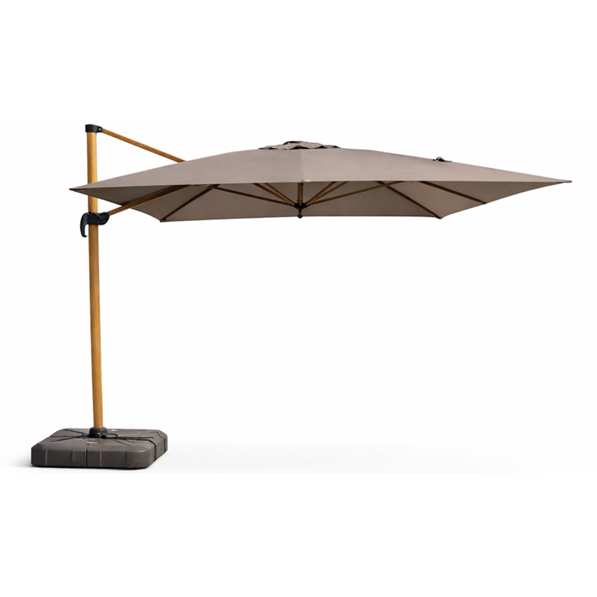 Parasol rectangulaire 3x4m déporté rotatif gris pied effet bois en aluminium NAVIA
