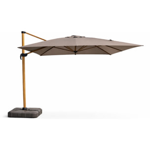Parasol rectangulaire 3x4m déporté rotatif gris pied effet bois en aluminium NAVIA