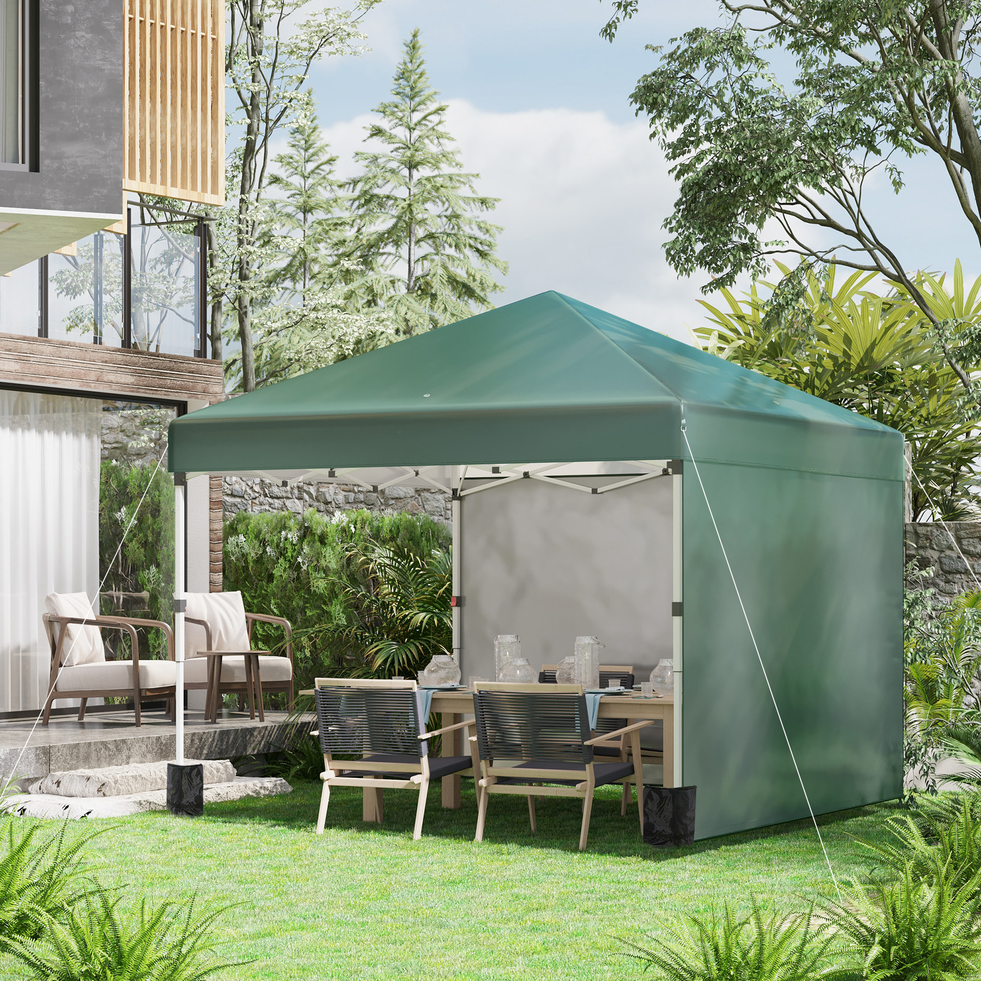 Carpa Plegable Pop-up Gazebo 3x3 m Cenador Plegable con 2 Paredes Laterales Anti-UV Altura Ajustable en 3 Niveles Sacos de Arena y Bolsa de Transporte con Ruedas para Camping Fiestas Verde