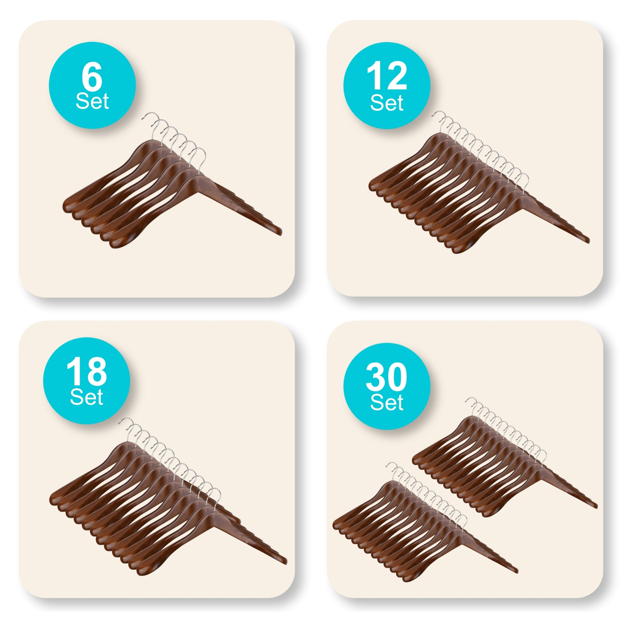 Set de perchas de madera para trajes - Antideslizante - Robusta con metal duradero - Ganchos giratorios