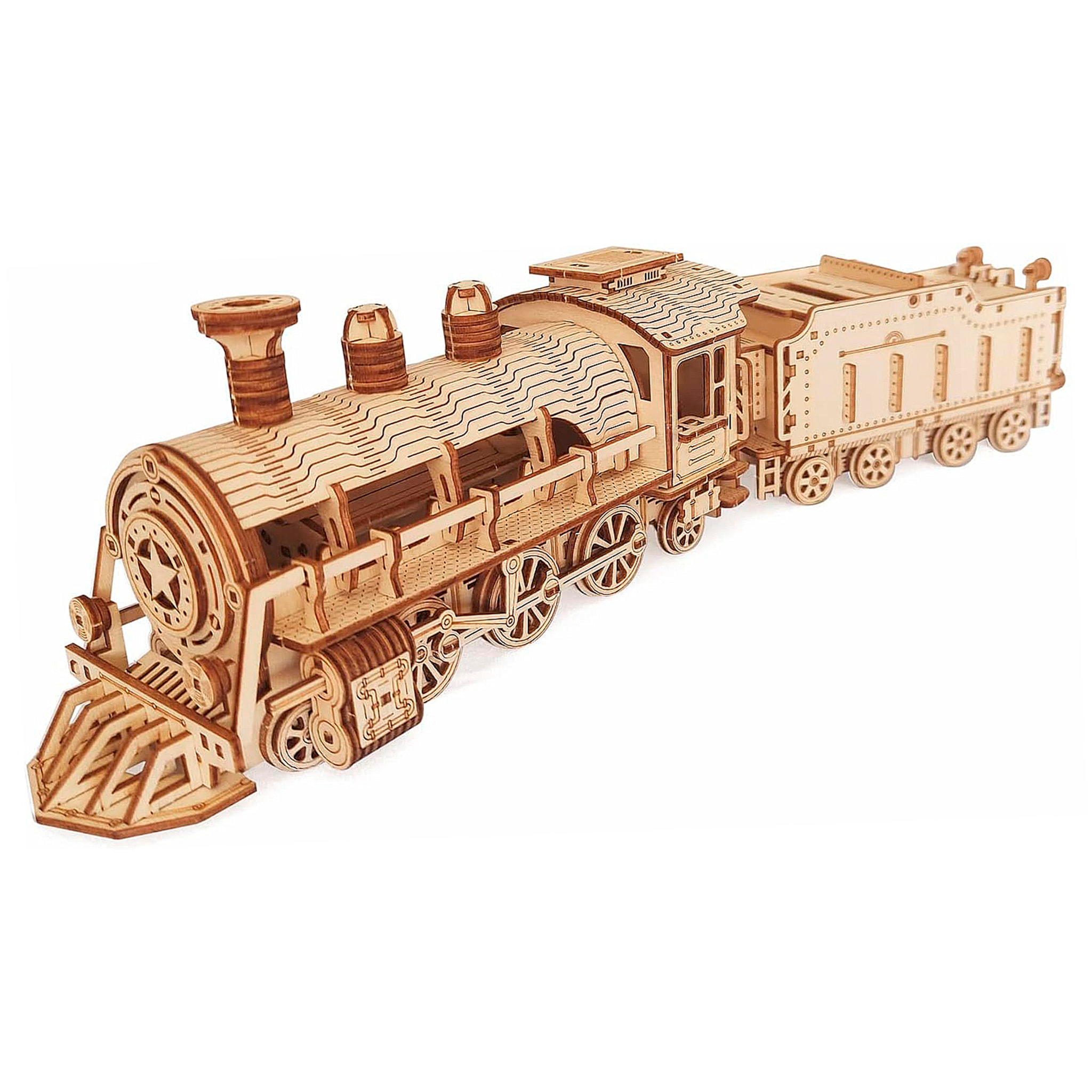 Maqueta de Madera 3D, diseño de trén de vapor con movimiento mecánico. 160 piezas.