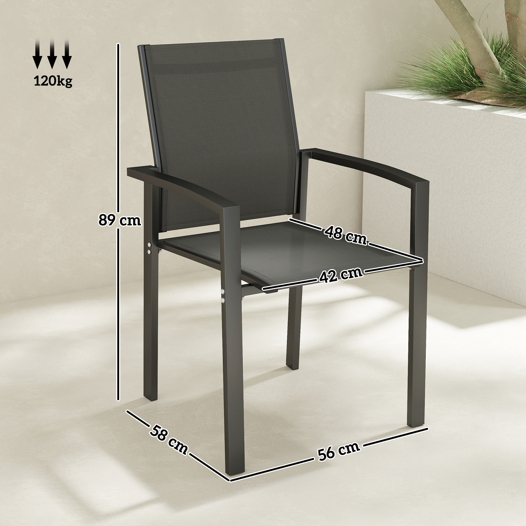 Lot de 2 chaises de jardin empilables grand confort alu textilène anthracite