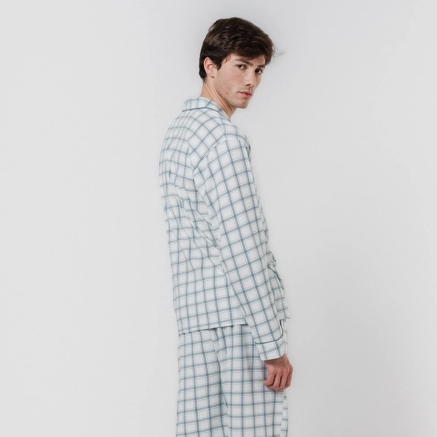 Pigiama lungo stile camicia in cotone a quadri verdi jake