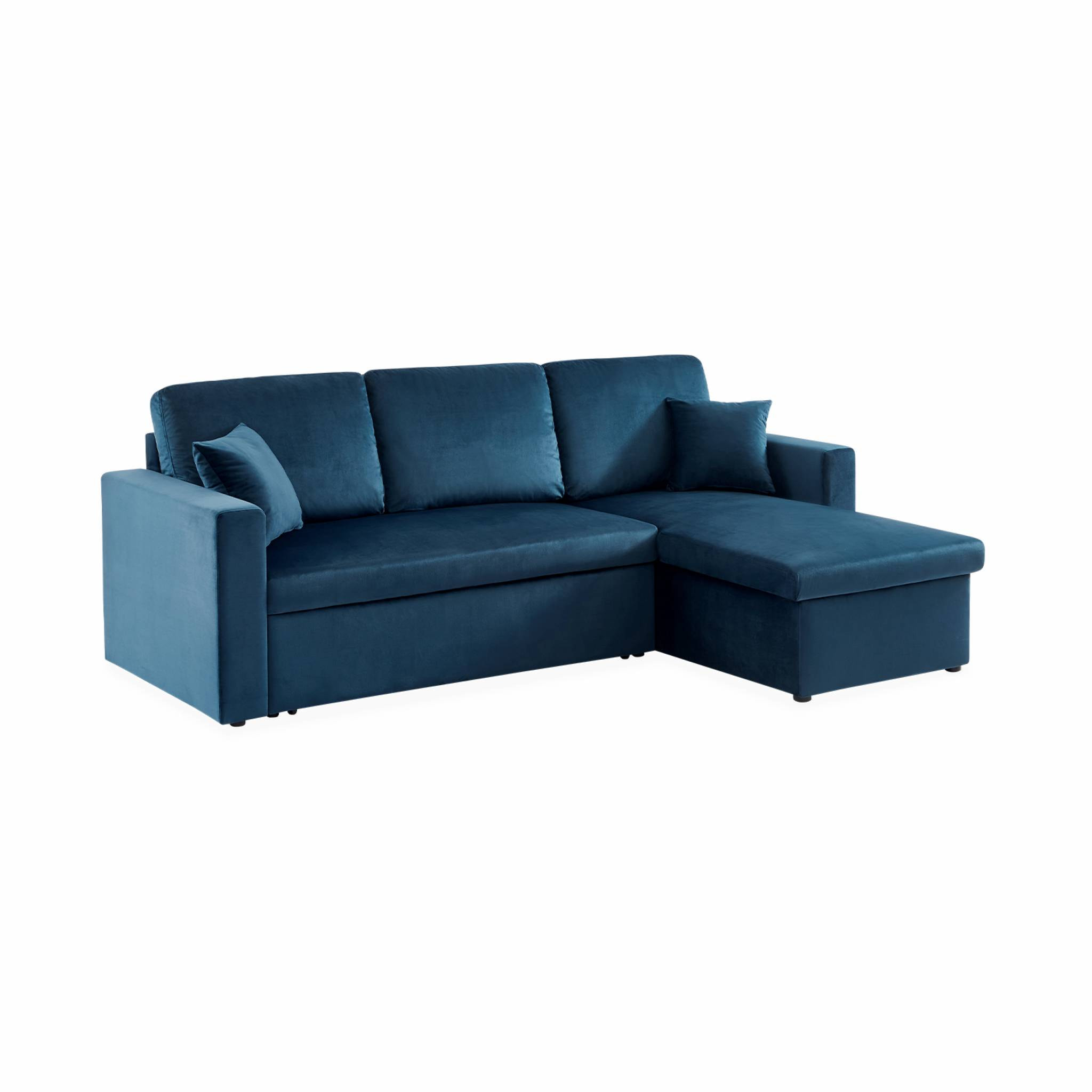 Canapé d'angle convertible en velours bleu pétrole 3 places. fauteuil d'angle réversible coffre rangement lit modulable