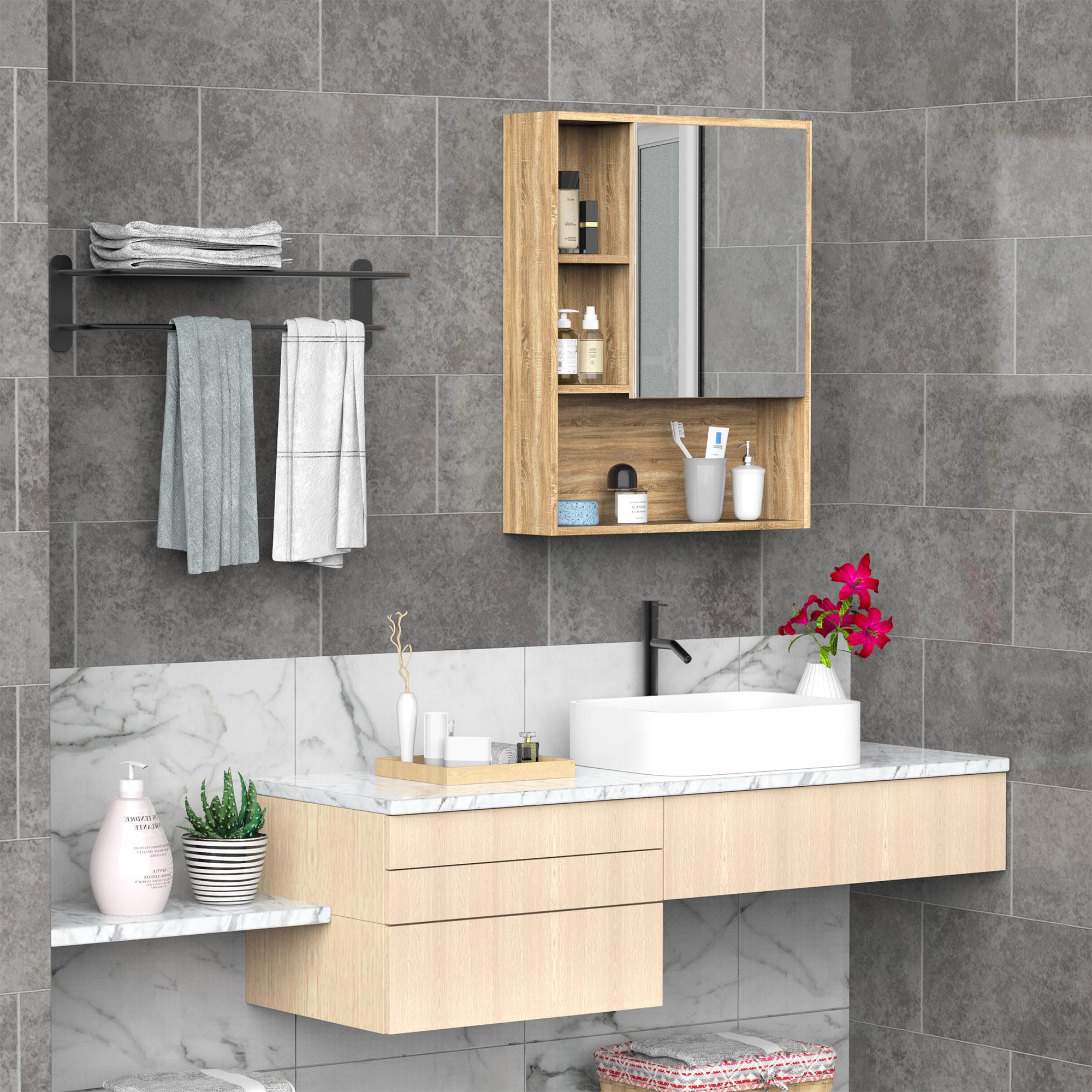 Armoire murale de rangement salle de bain avec porte miroir couleur bois de chêne dim. 60L x 15l x H76 cm