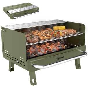Barbacoa de Carbón Plegable, Barbacoa Portátil, 52x37x31,8 cm, con Rejilla Ajustable, Estante Lateral Plegable y Bandeja de Carbón Extraíble, para Camping, Picnic, Fiesta en Jardín, Verde