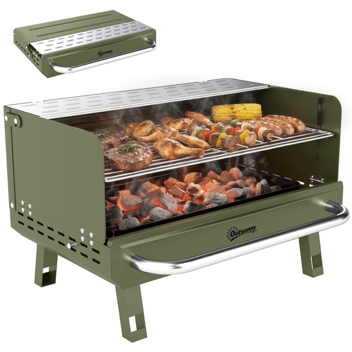 Barbacoa de Carbón Plegable, Barbacoa Portátil, 52x37x31,8 cm, con Rejilla Ajustable, Estante Lateral Plegable y Bandeja de Carbón Extraíble, para Camping, Picnic, Fiesta en Jardín, Verde