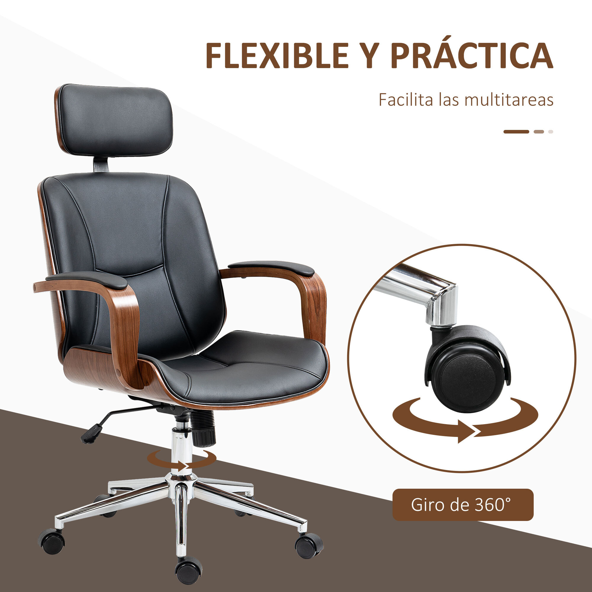 Silla de Oficina Ergonómica Silla de Escritorio Giratoria de Cuero PU con Reposacabezas Extraíble Altura Ajustable y Función de Inclinación 63x62x110-120 cm Negro