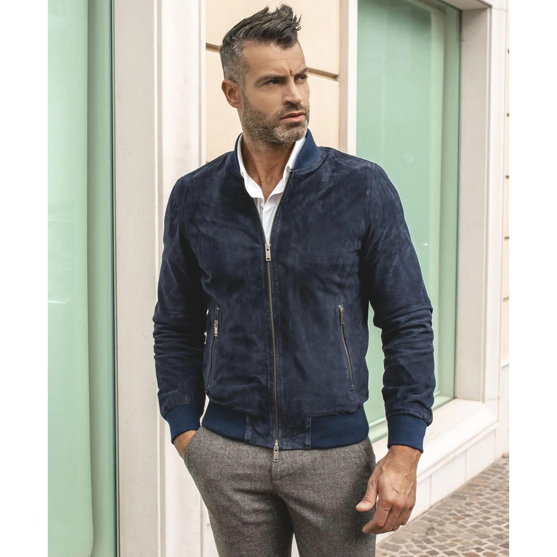 Giacca Bomber in pelle camoscio blu due tasche