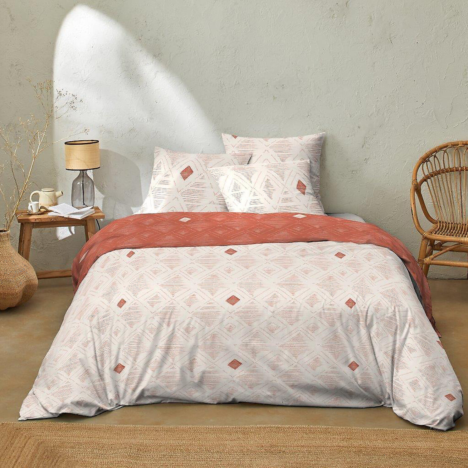 Parure de couette 100% coton 57 fils à motifs losange - blanc et terracotta