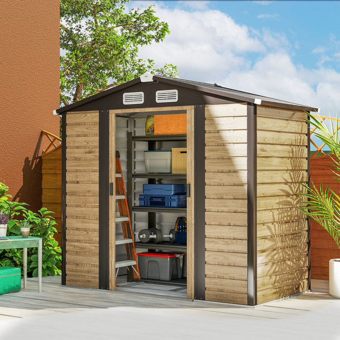 Abri de jardin métal cabanon 2,36m² dim. 213x 120x 166/194Hcm - 2 portes, cadenas, clé, gants inclus - acier effet bois taupe