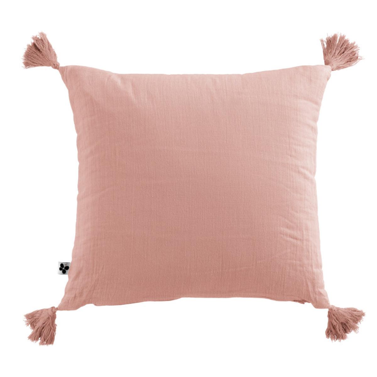 Coussin déhoussable avec pompons ''Gaïa'' 40 x 40 cm ''Gaze de Coton'' - Couleur: Gaïa Rose Pêche