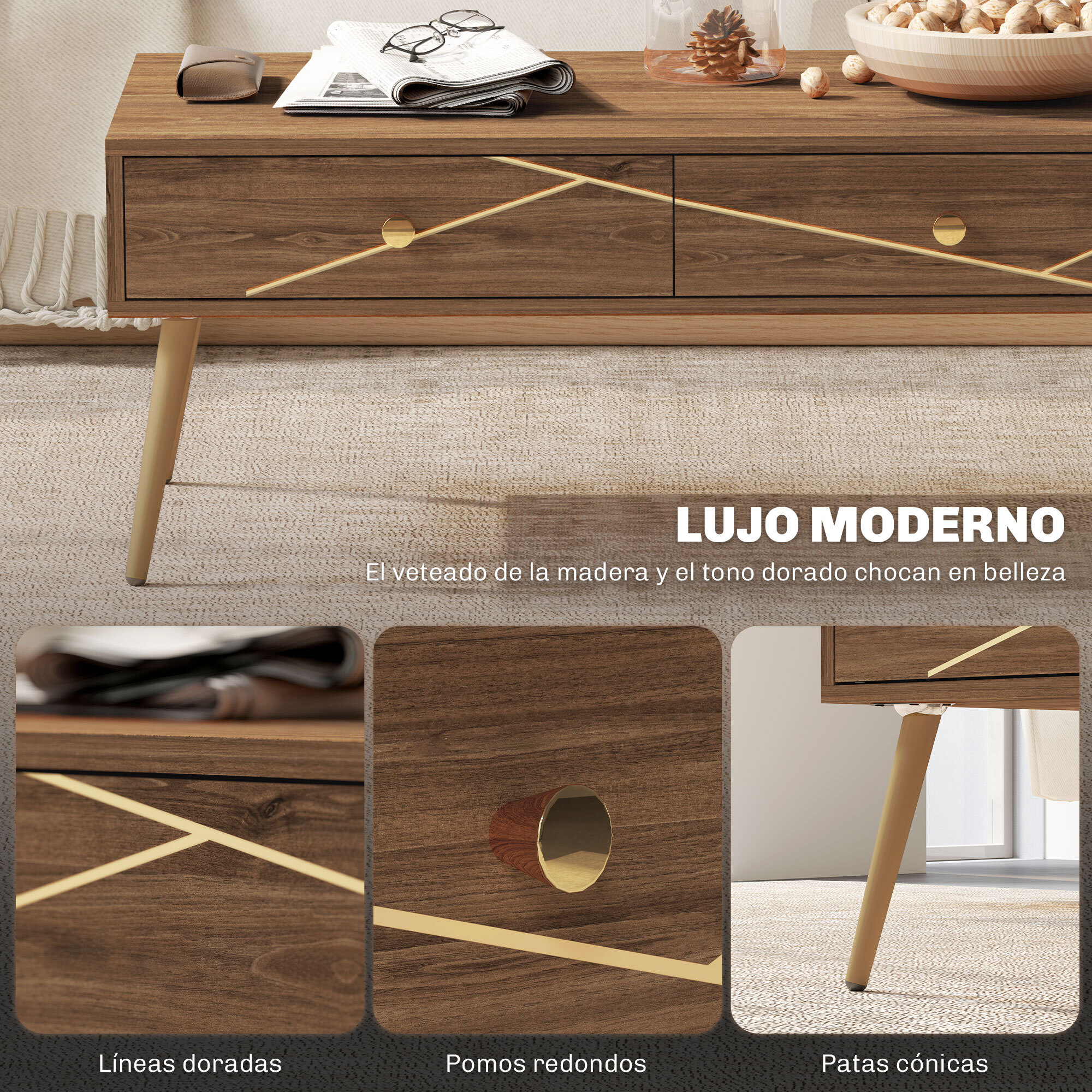 Mesa de Centro Mesa baja para Salón con 2 Cajones y Patas de Acero para Sala de Estar Dormitorio 100x50x41 cm Marrón