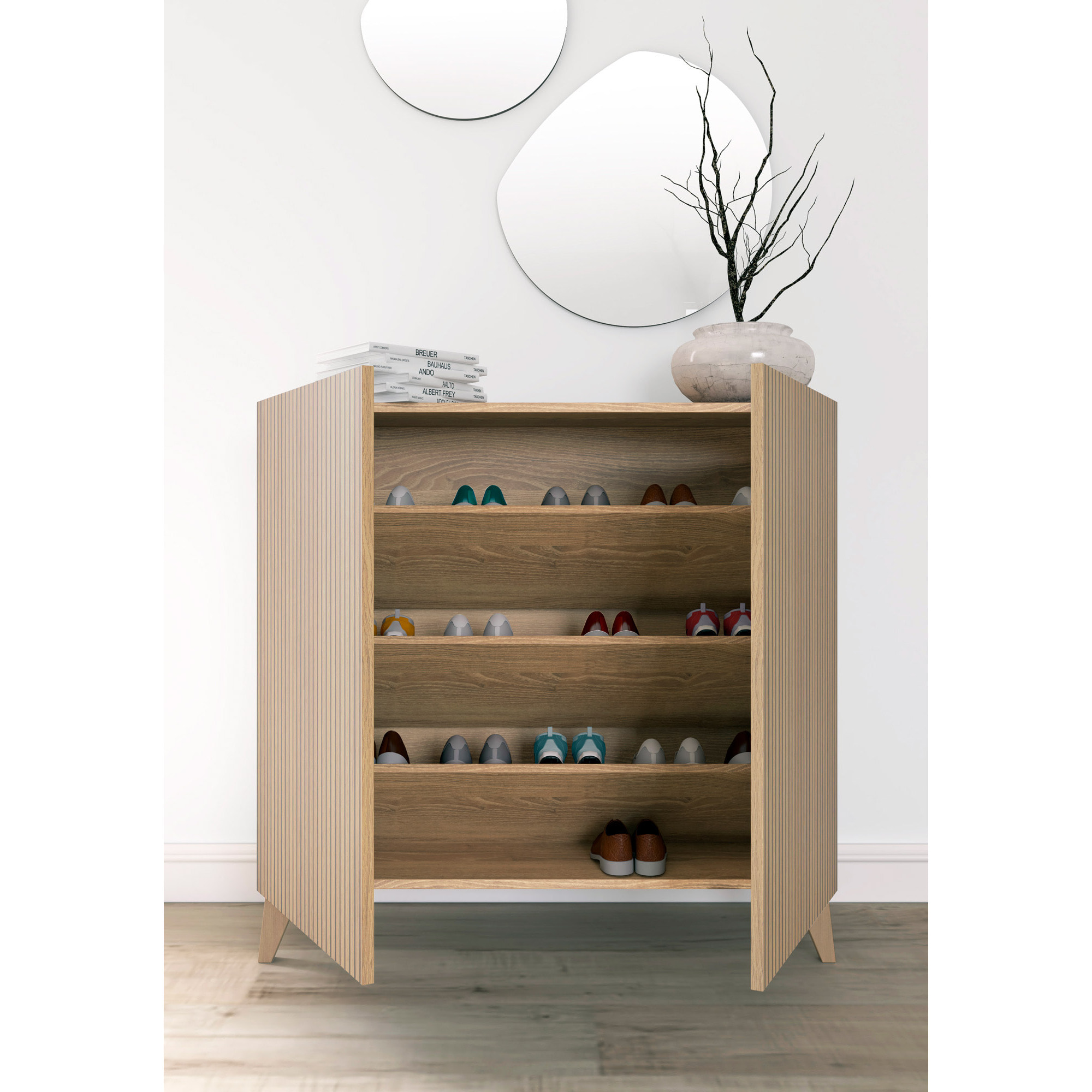 Zapatero Sunne melamina roble dorado puertas impresión vallado 90x90x27cm