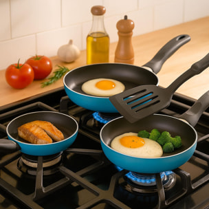 set de batería de cocina de 8pc en acero inoxidable + 3 sartenes ø16ø20ø24cm azul mate en aluminio prensado