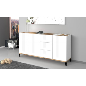 Credenza moderna a 3 ante e 3 cassetti, Made in Italy, Madia da cucina rialzata, Buffet di design da soggiorno, Cm 160x40h82, Bianco lucido e Acero