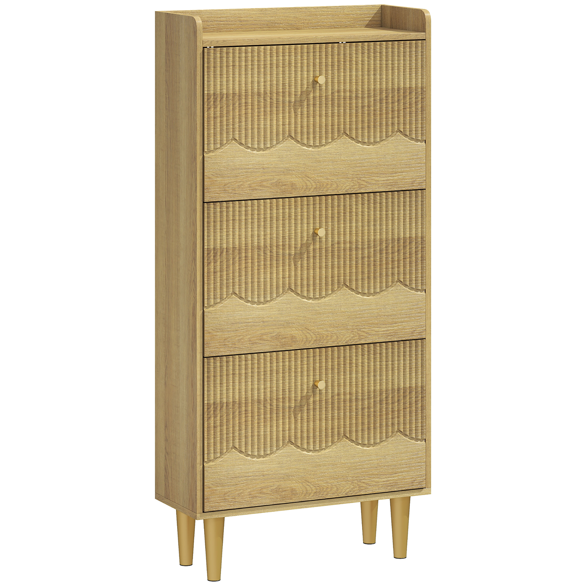 Meuble à chaussures style bohème chic 3 portes abattantes aspect bois clair sculpté