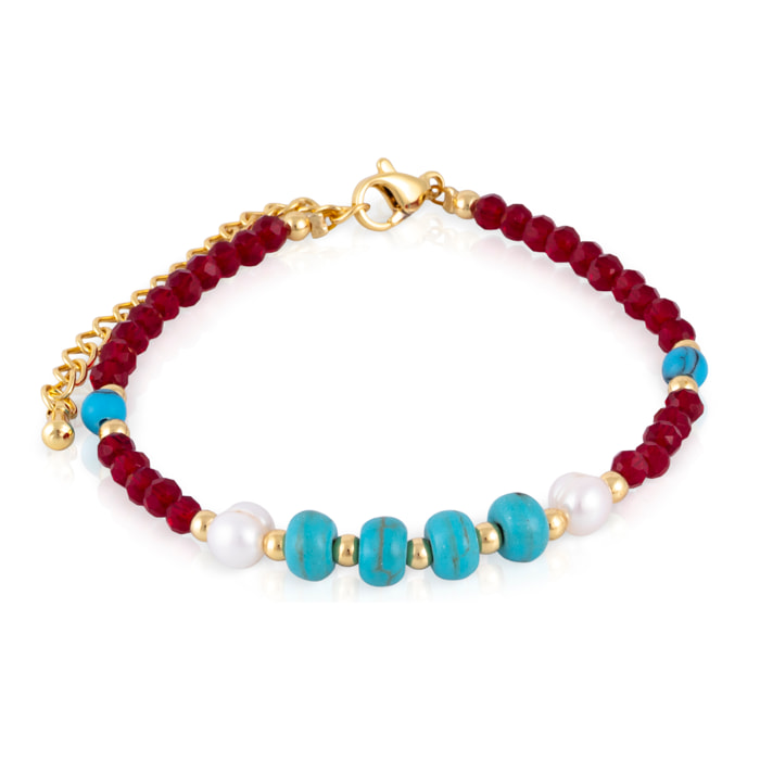 Pulsera de turquesa, cristal y perlas naturales con cierre de mosquetón.
