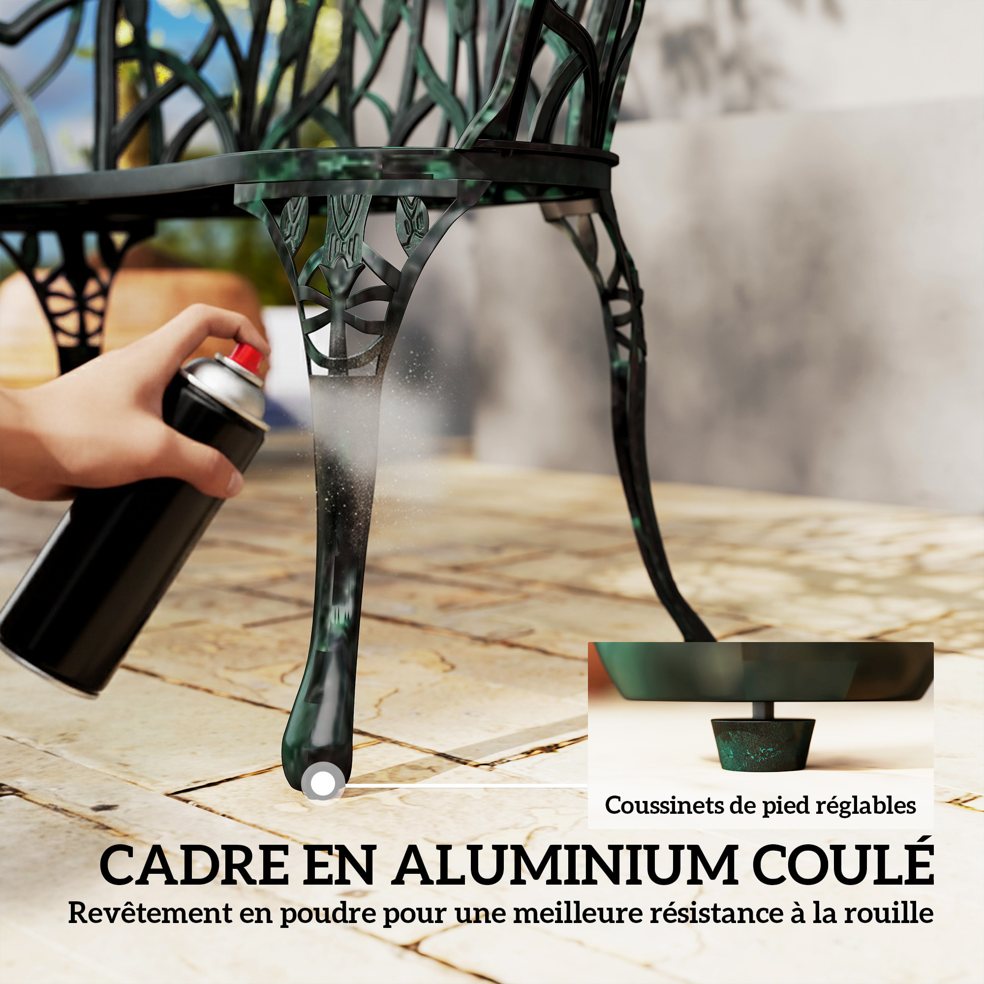 Banc de jardin 2 places style néo-rétro motif tulipes lignes fuselées fonte d'aluminium vert vieilli