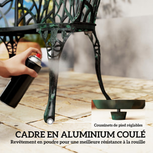 Banc de jardin 2 places style néo-rétro motif tulipes lignes fuselées fonte d'aluminium vert vieilli