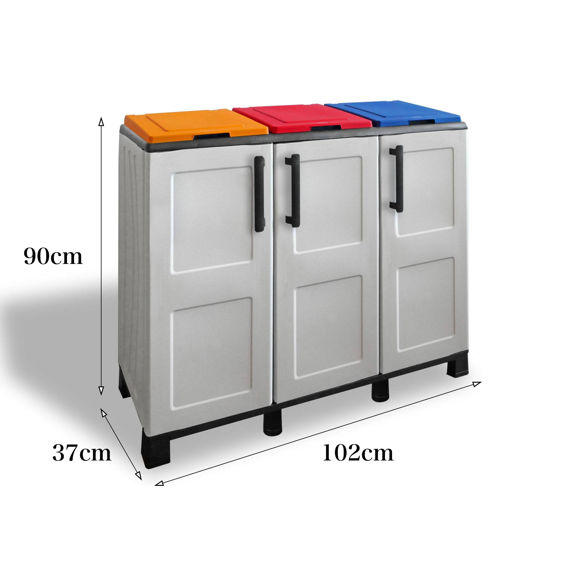 Armadio portarifiuti da esterno o interno, Mobile porta 3 sacchi a 3 ante, 100% Made in Italy, cm 102x37h90, colore Grigio chiaro e coperchi colorati