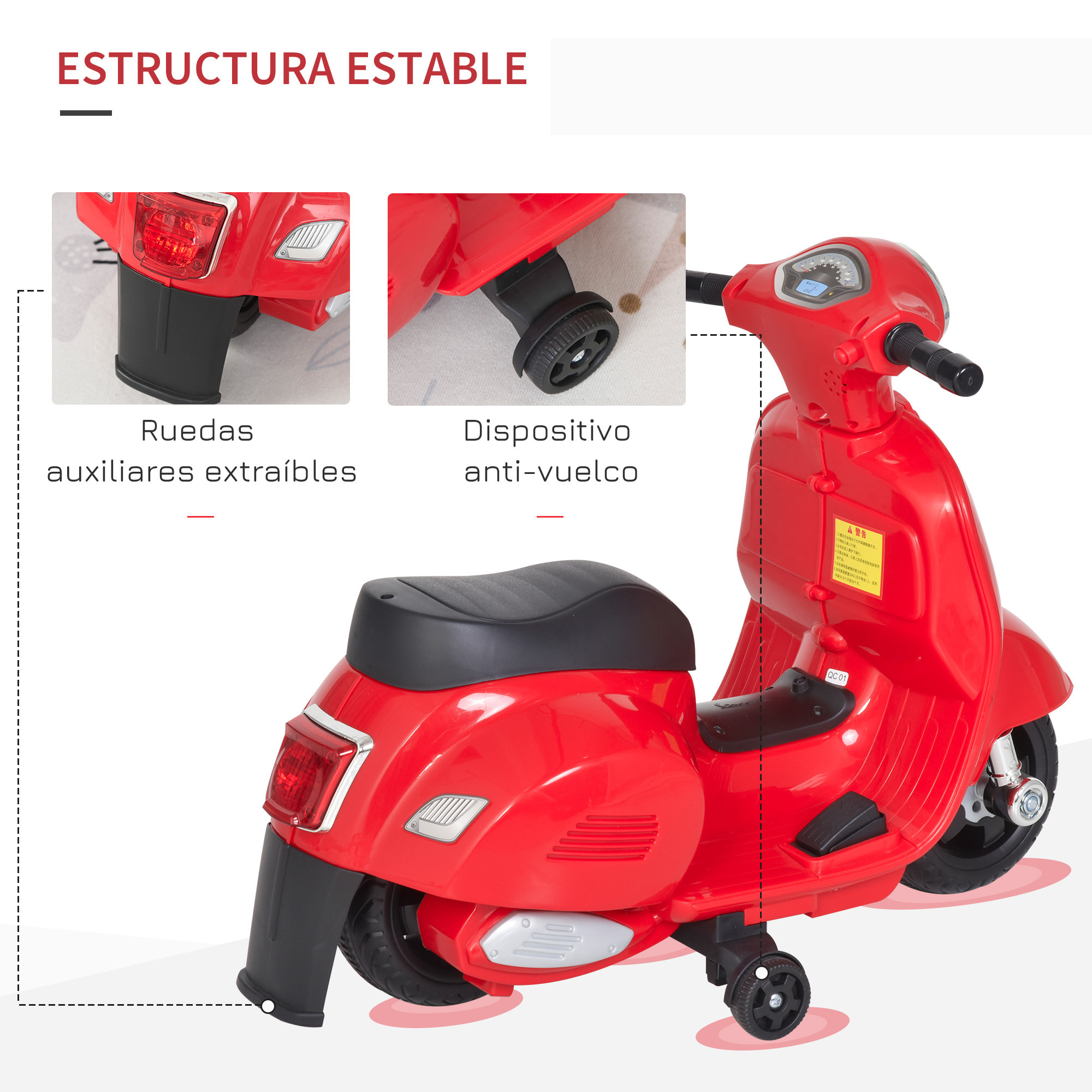 Moto Eléctrica Vespa para Niños 18-36 Meses con Faro Bocina y 4 Ruedas Rojo