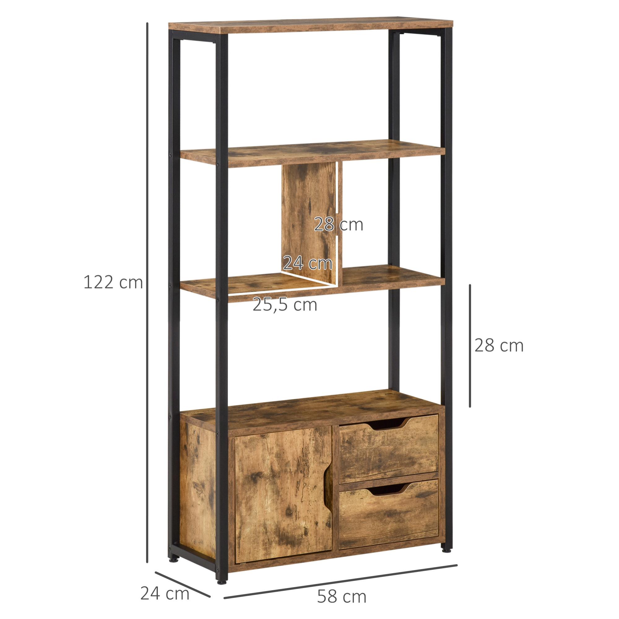 HOMCOM Estantería Librería para Libros con Armario y 2 Cajones de Almacenaje Estantería de Estilo Industrial para Oficina Sala de Estar 58x24x122 cm Marrón Rústico