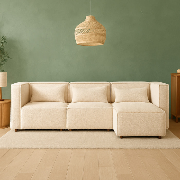 RAMOS Canapé modulable 3 places bouclette beige avec pouf