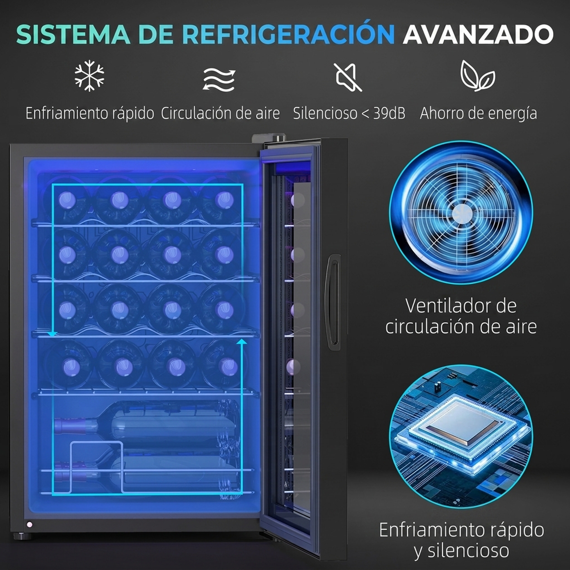 HOMCOM Vinoteca 20 Botellas, Nevera para Vinos con Compresor, Puerta de Doble Cristal Anti-UV, Temperatura 5-18°C, Pantalla Táctil, 4 Estantes Regulables, Luz LED Interior, Silenciosa 39DB, Negro