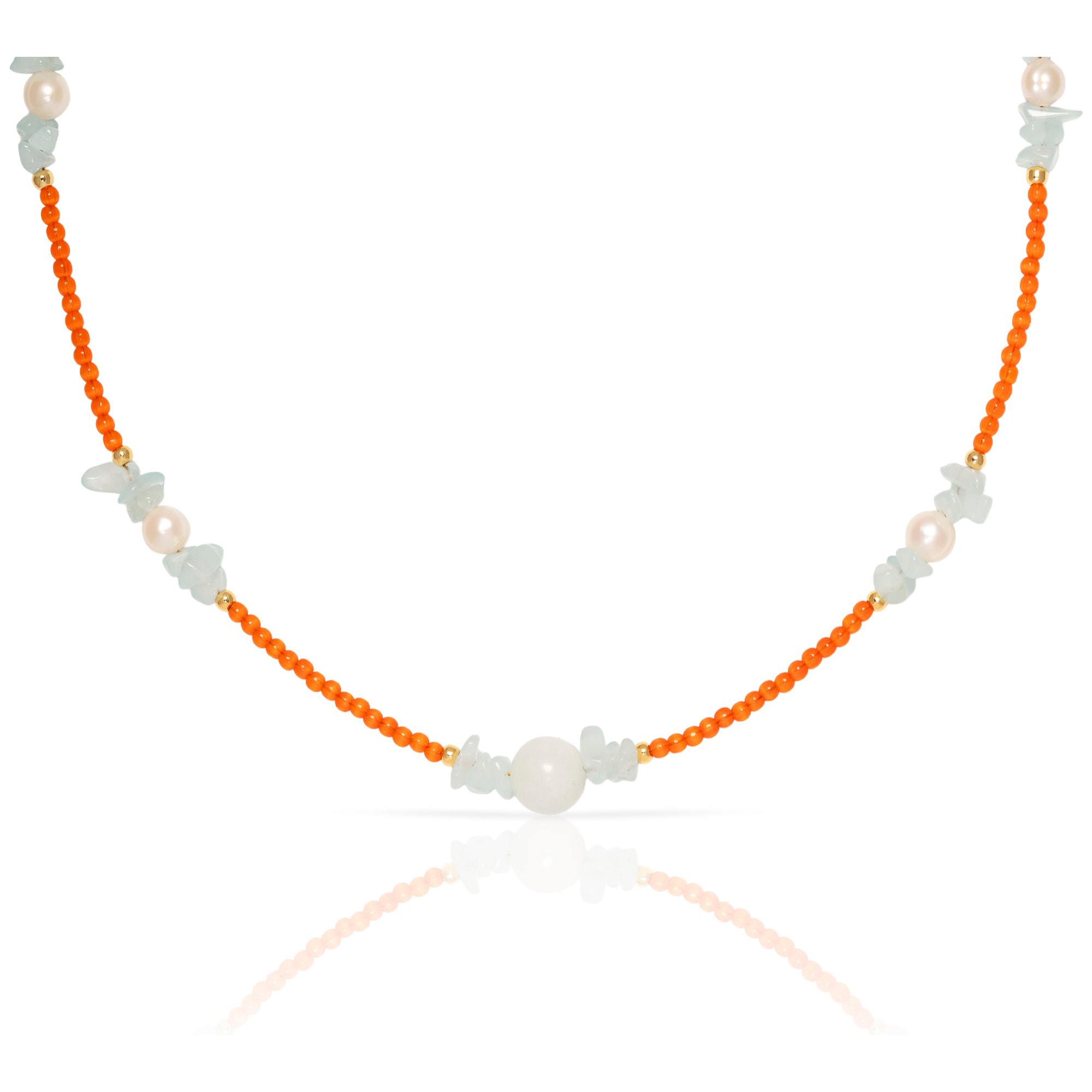 Collar de ojo de gato naranja, lapislázuli claro, mármol blanco y perlas naturales con cierre de mosquetón.