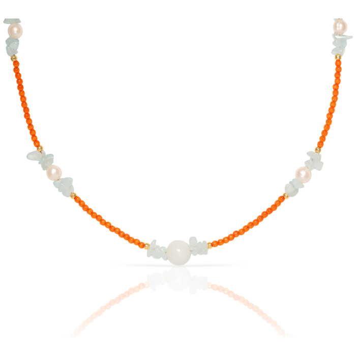 Collar de ojo de gato naranja, lapislázuli claro, mármol blanco y perlas naturales con cierre de mosquetón.