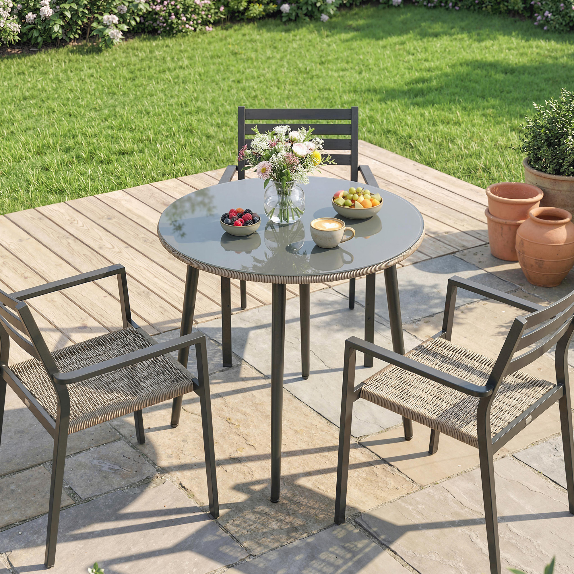 Mesa de Comedor de Jardín Redonda, Mesa de Terraza Exterior 80x80x74 cm, con Tablero de Vidrio Templado con Borde de Ratán, Estructura de Acero, Carga 50 kg, para Patio, Balcón, Gris