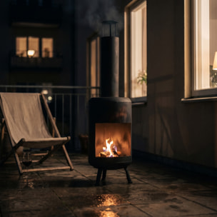 Caminetto da esterno in acciaio Darwin 100 cm, braciere a legna verticale con griglia interna, stufa outdoor resistente fino a 800°C, design industriale moderno, ideale per giardino terrazzo patio e balcone